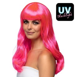 Pruik lang met pony fluor roze